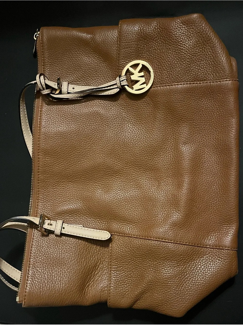 Michael Kors Brown Leather Shoulder Bag with Cream Trim and Gold MK Charm